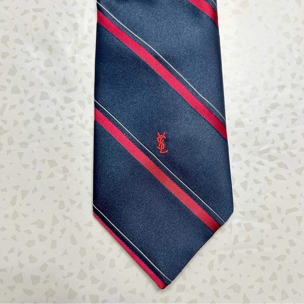 Yves Saint Laurent Navy Blue and Red Striped Silk Tie